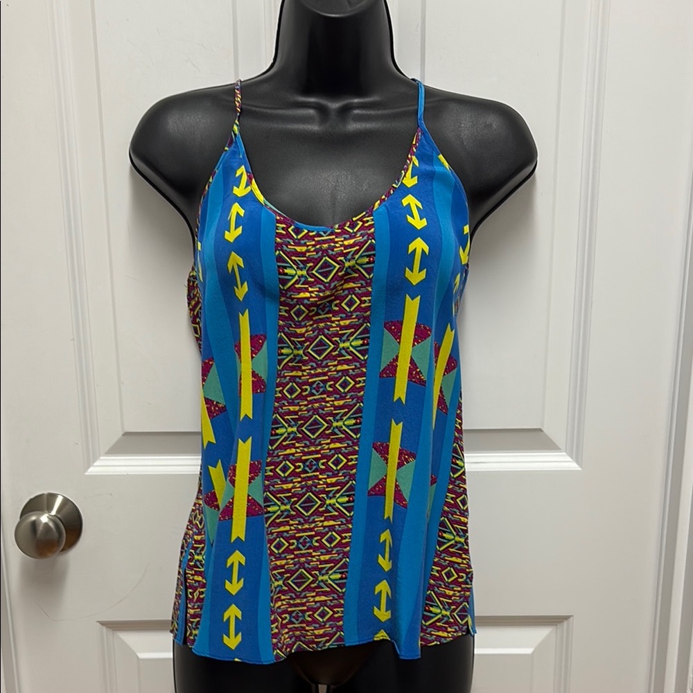Rory Beca 100% Silk Geometric Tribal Print T-Back Tank Top Blue XS Made in USA